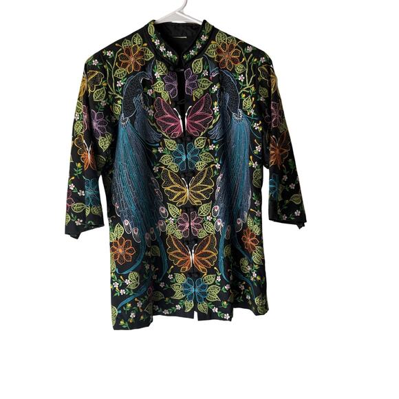 Vintage Jacket Womens L Black Multicolor Embroidered Floral Butterfly Asian Boho - Picture 1 of 8